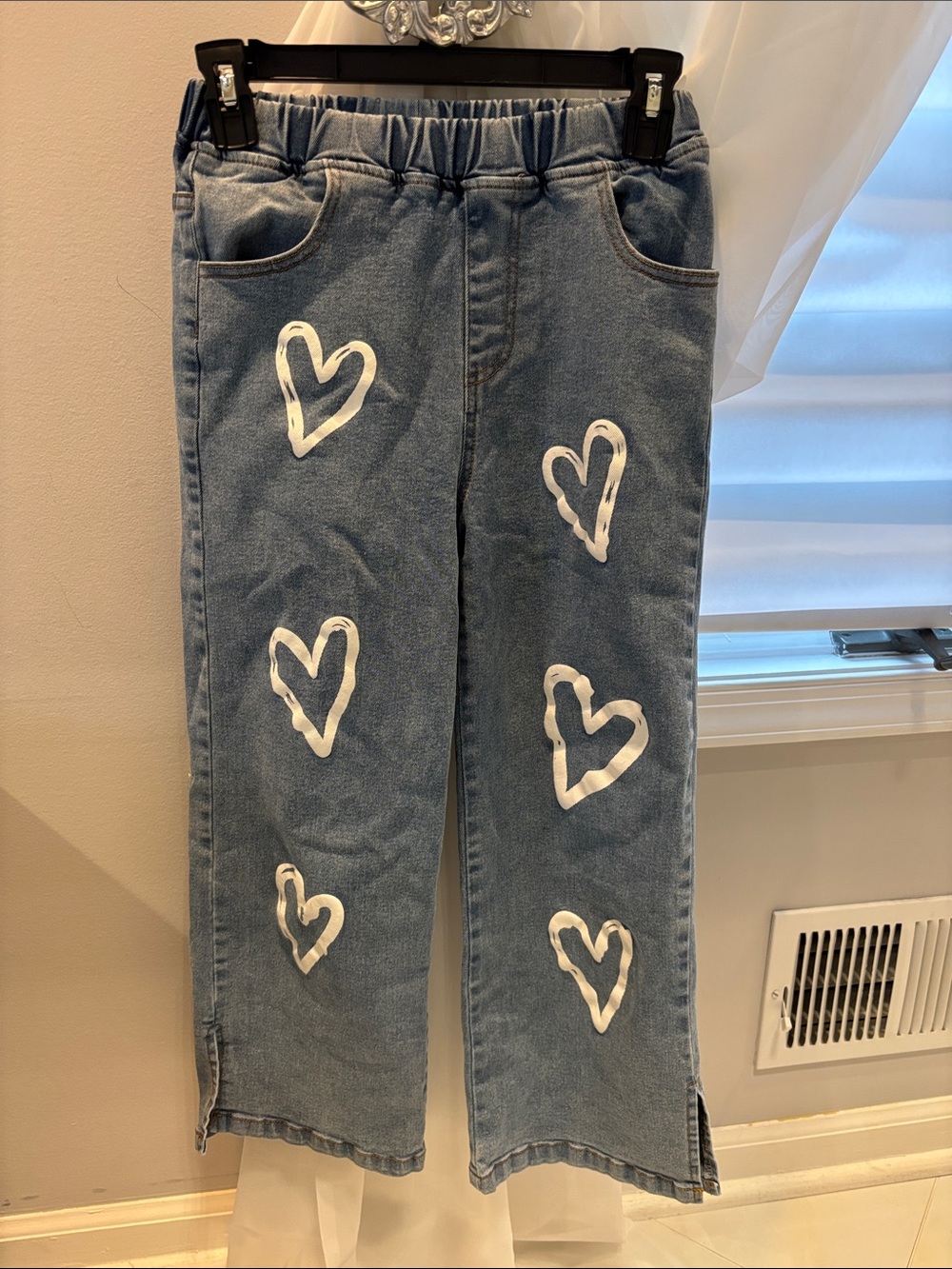 Blue Wide Leg Denim Elastic Waist with Heart Print Size Girls L